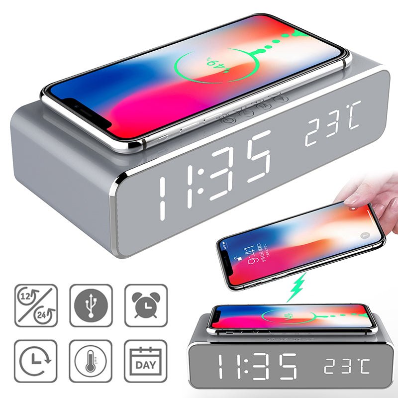 LED Electric Alarm Clock With Wireless Charger Desktop Digital Despertador Thermometer Clock HD Mirror Clock Watch Table Decor - Hyper tech store